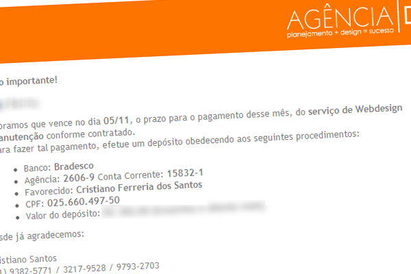 E-mail de lembrança de pagamento (ainda na época da Agência DUO)