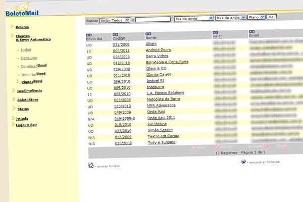 Painel administrativo do Boletomail